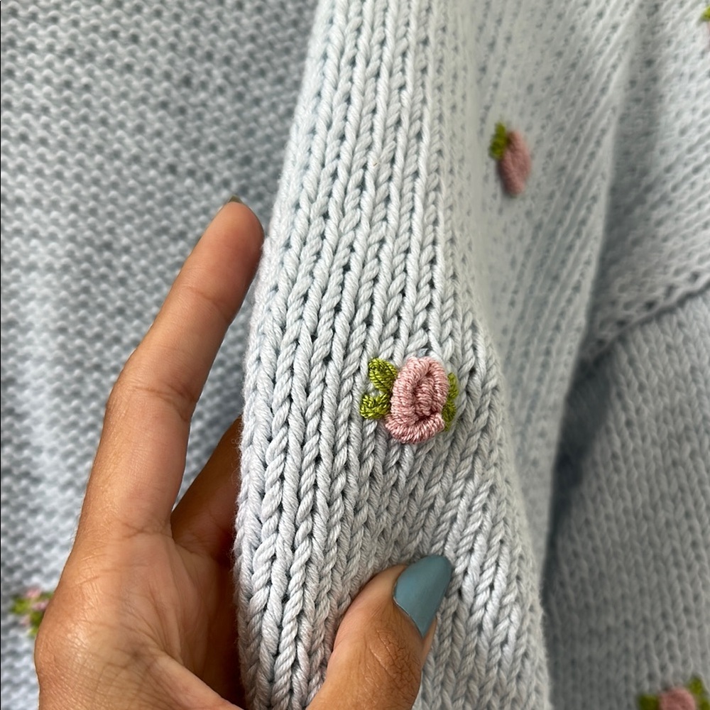 Fanm Mon Hand Knit Blue Embroidered Rosette Cardigan Sweater - Picture 5 of 12